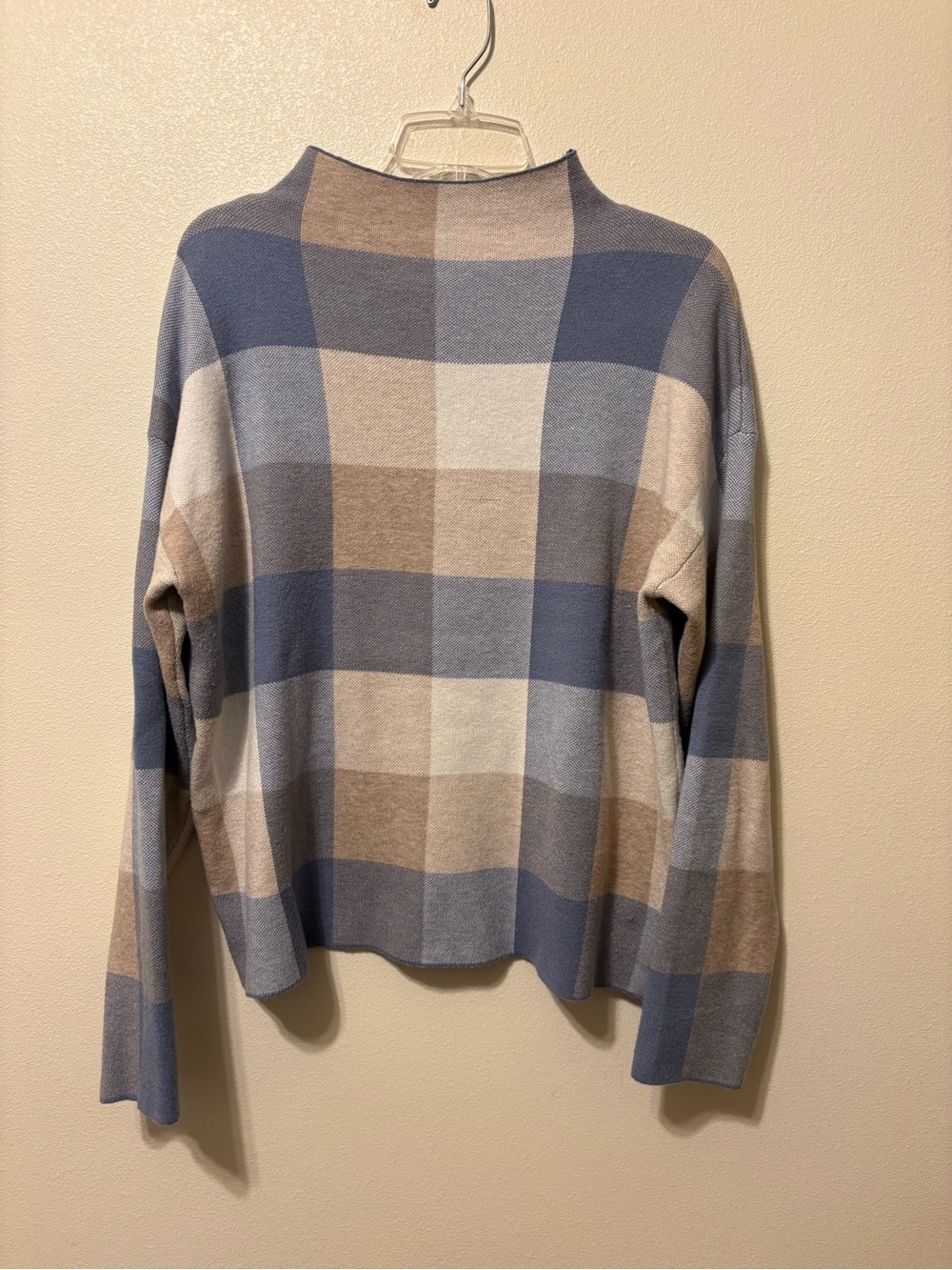 Tahari Blue and Cream Plaid Mock Neck Sweater